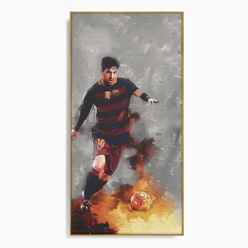 Tablou canvas cu tablou canvas cu fotbalistul lionel messi, in rama de aluminiu auriu